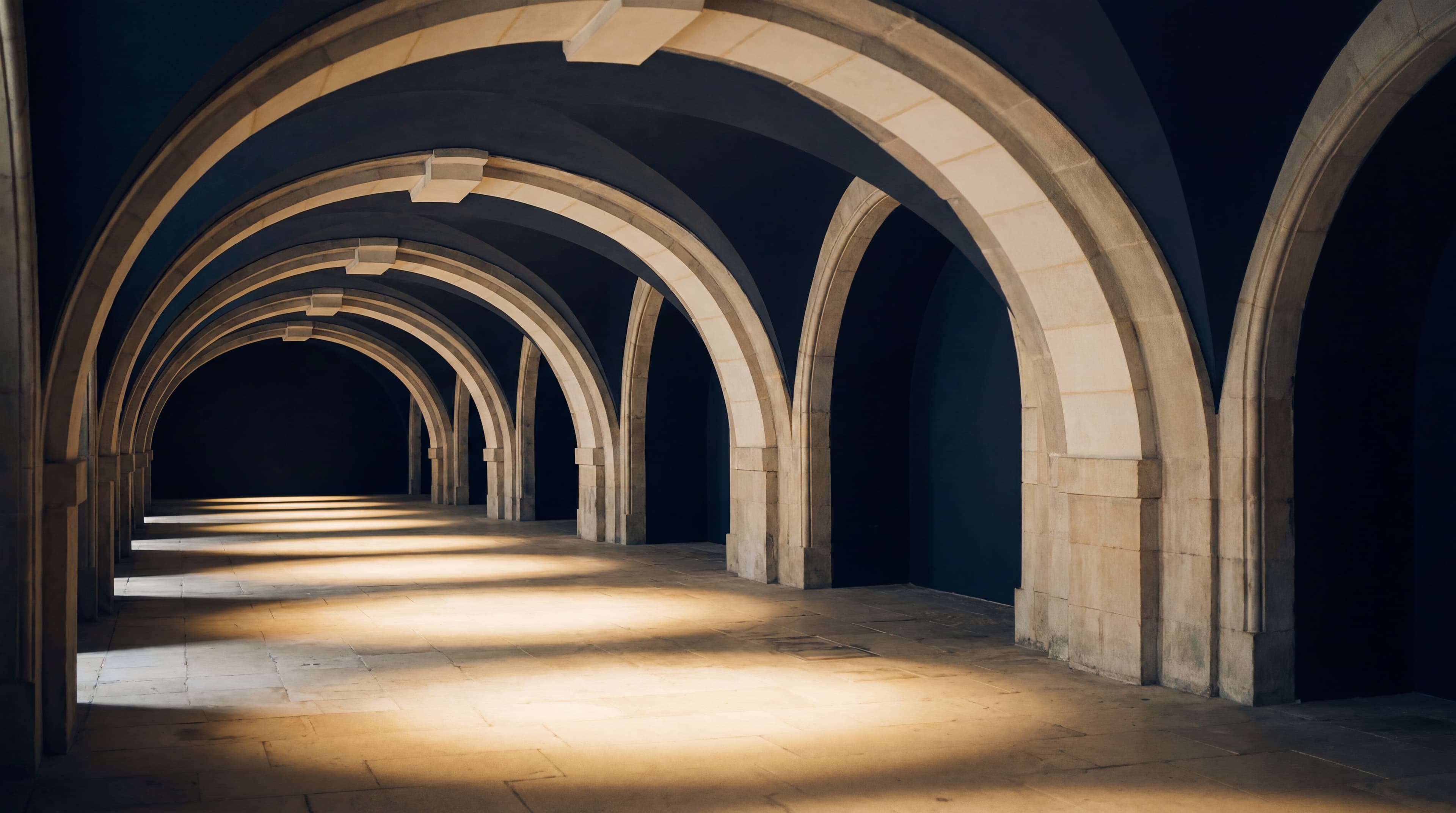 A colonial stone vault corridor in deep shadow with brass light pooling on the floor.