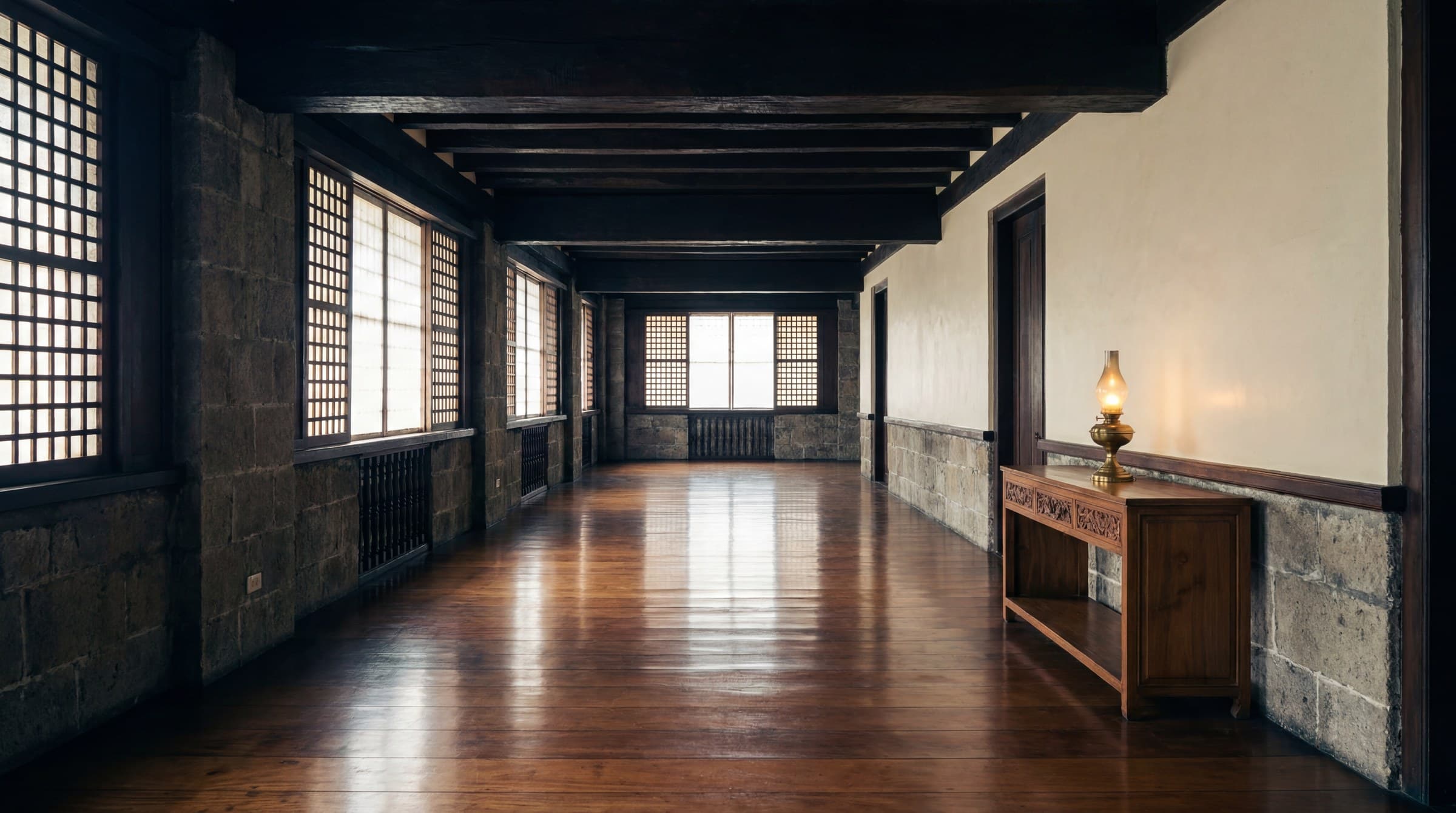 A Spanish-colonial bahay-na-bato interior in Intramuros at dawn, polished narra hardwood floor catching pearlescent capiz-shell light, a single brass oil lamp glowing on a low hardwood console.
