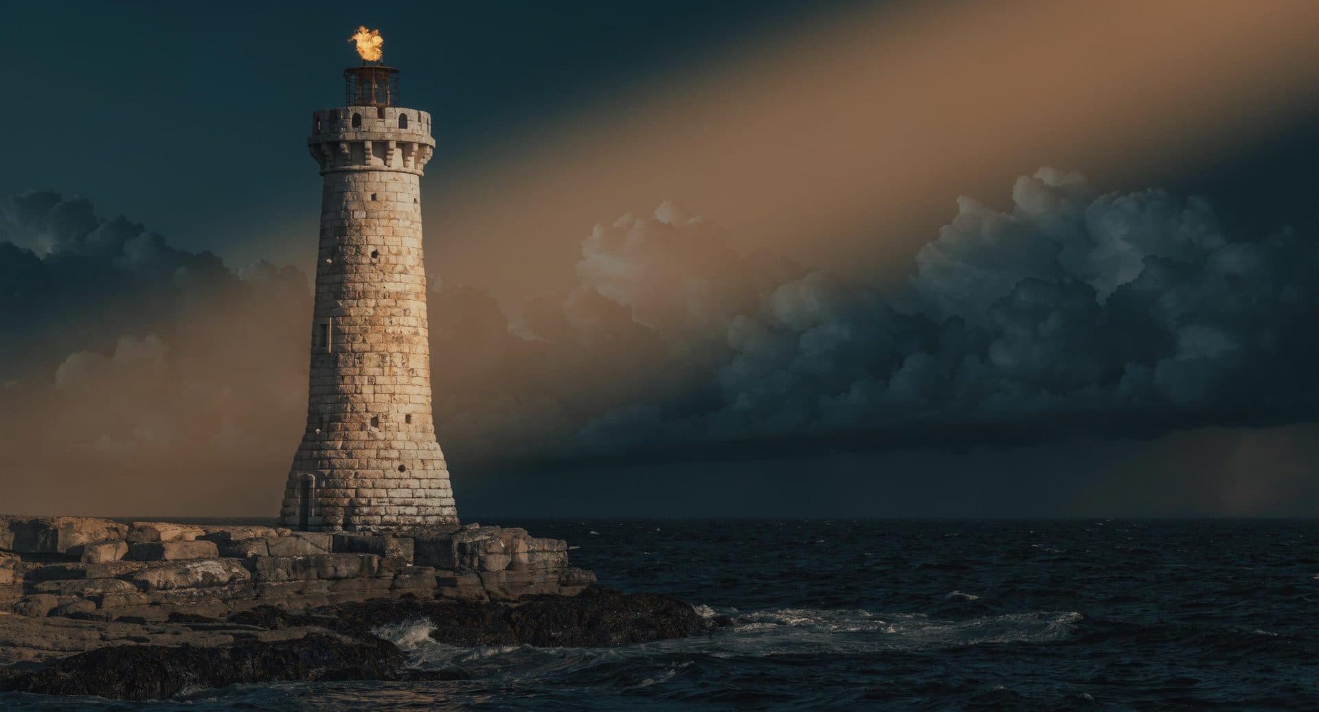 A stone lighthouse tower, its beacon lit, on a rocky promontory as a great storm gathers over the sea.