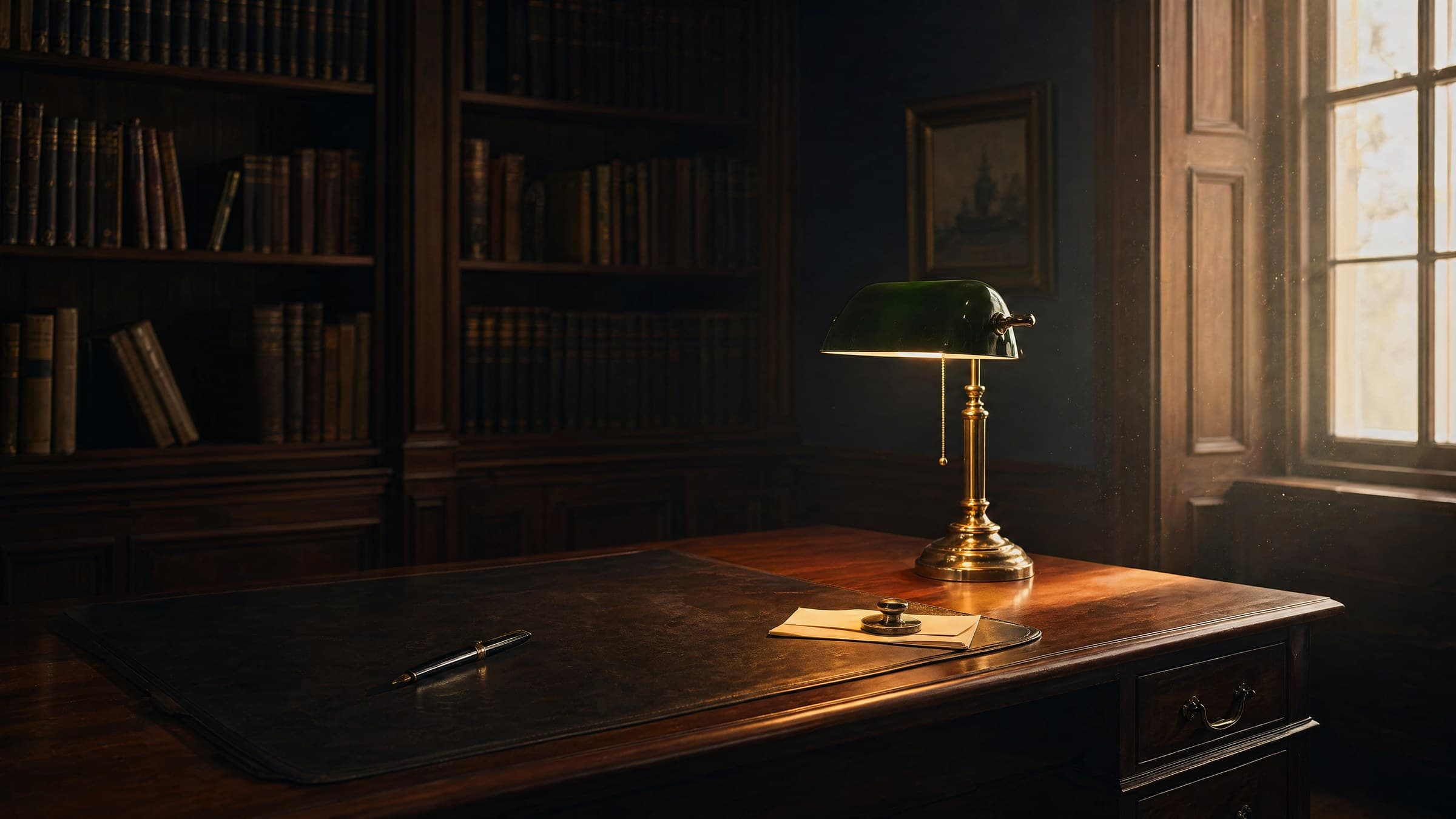 A private study at first light: a brass banker's lamp with a deep-green glass shade glowing on a polished walnut writing desk, a folded letter and fountain pen on a leather blotter, dark walnut bookshelves of leather-bound volumes receding into shadow, a tall sash window admitting cool dawn light.