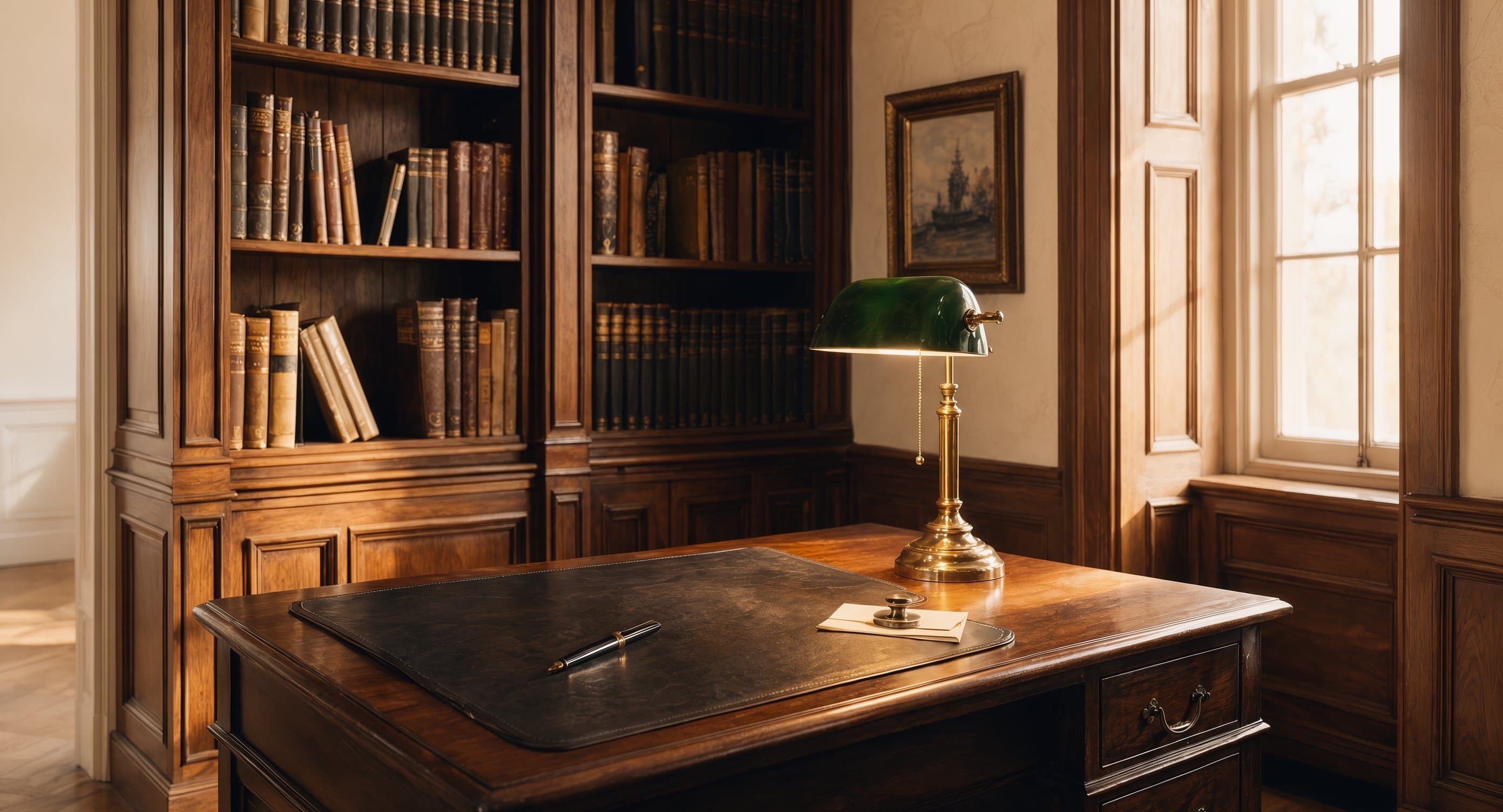 A private study in warm afternoon light: a brass banker's lamp with a deep-green glass shade glowing on a polished walnut writing desk, a folded letter and fountain pen on a leather blotter, walnut bookshelves of leather-bound volumes, a tall sash window admitting golden daylight.