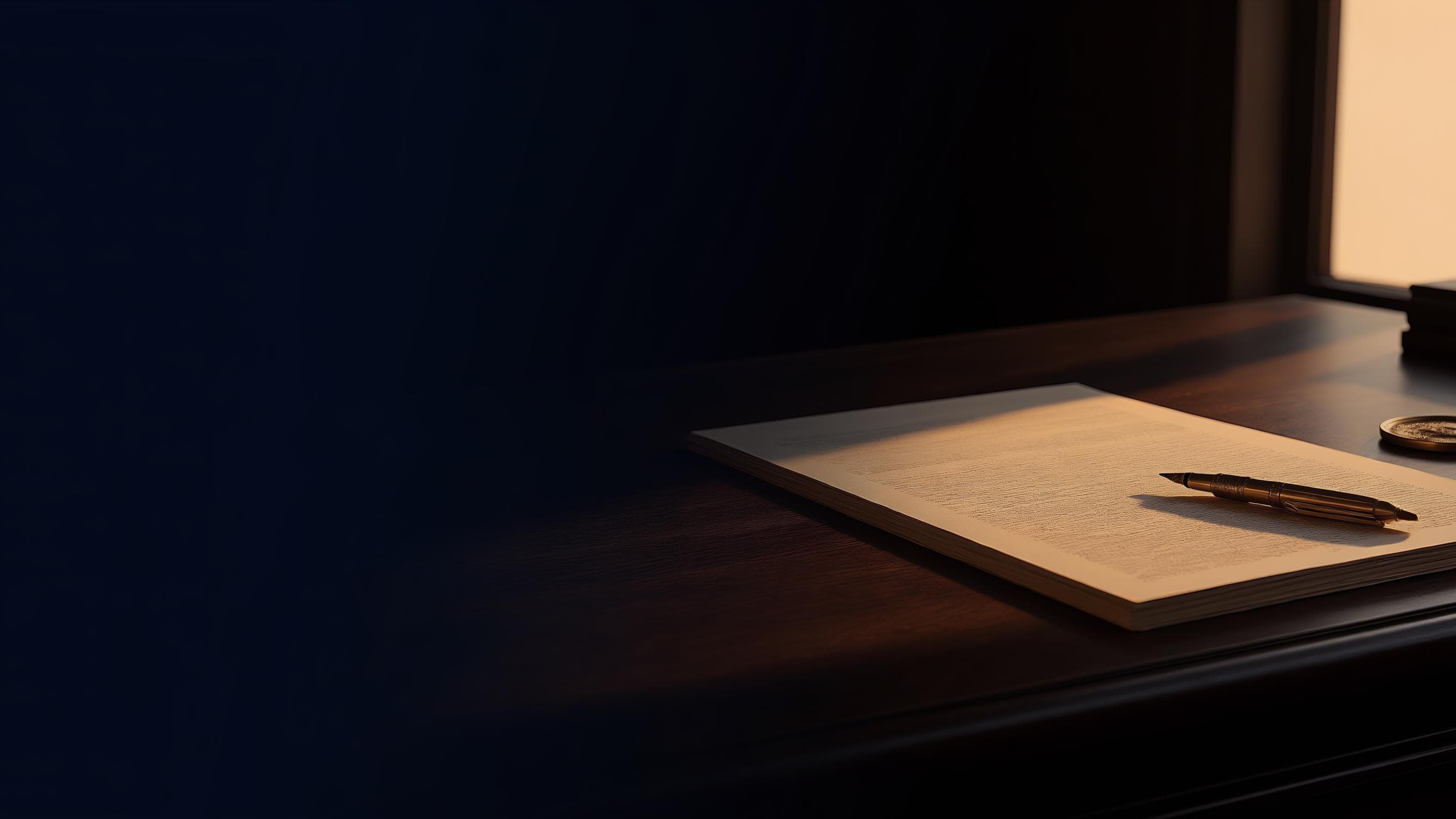 An executed document and a fountain pen on a walnut desk in low evening light.