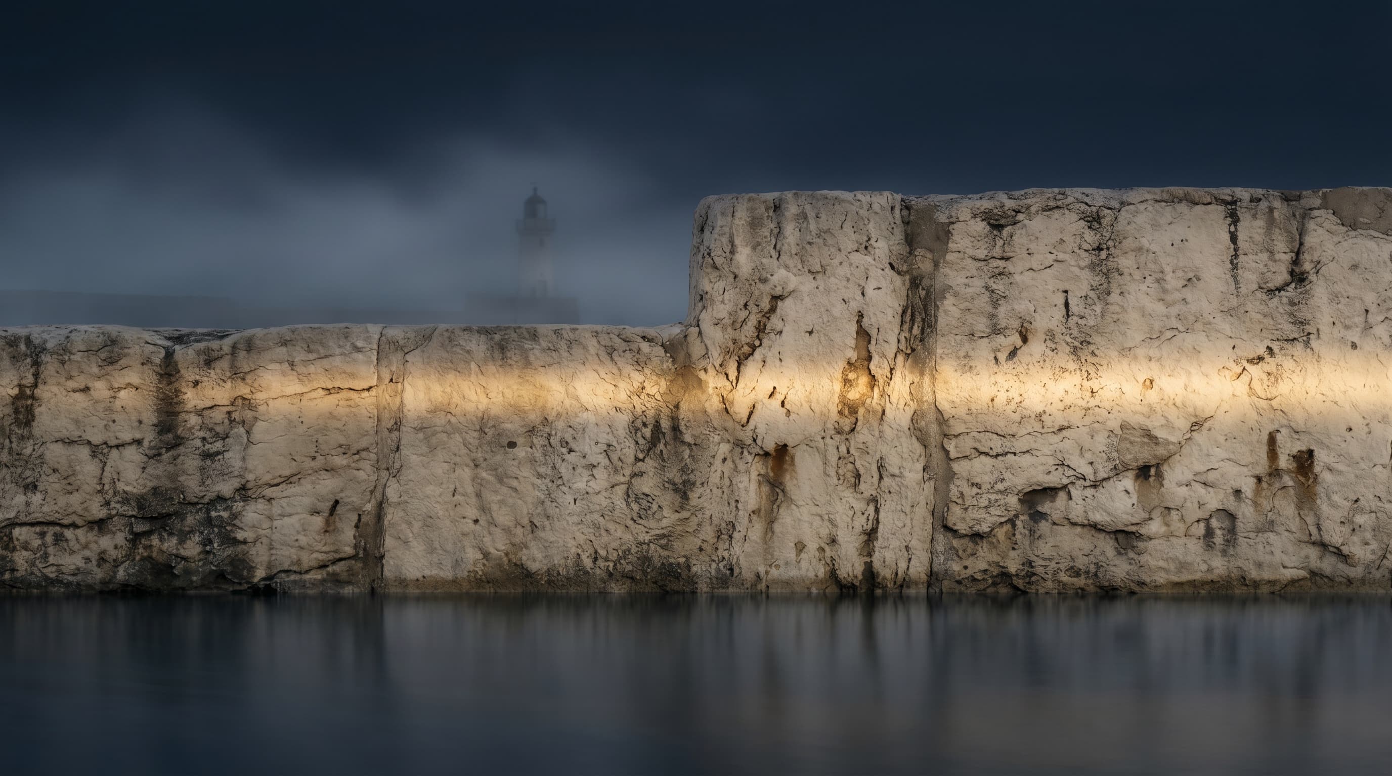 A weathered limestone wall on a calm tidal flat at dawn, a low brass beam of light grazing across it.
