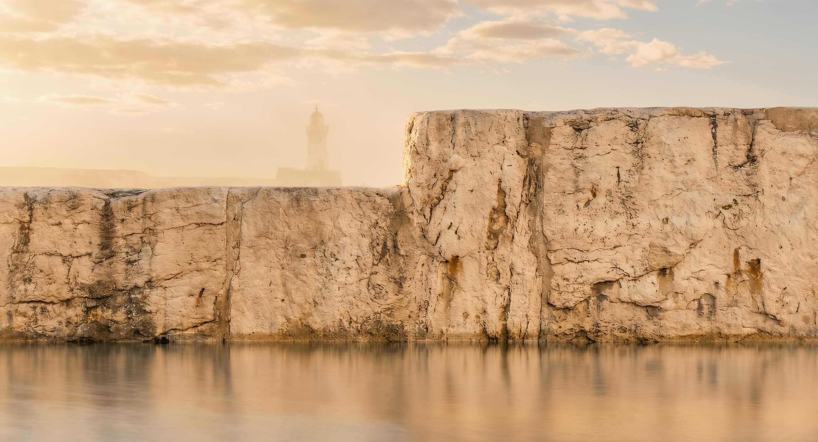 A weathered limestone wall on a calm tidal flat at golden hour, a distant lighthouse in warm haze and the sky reflected in still water.