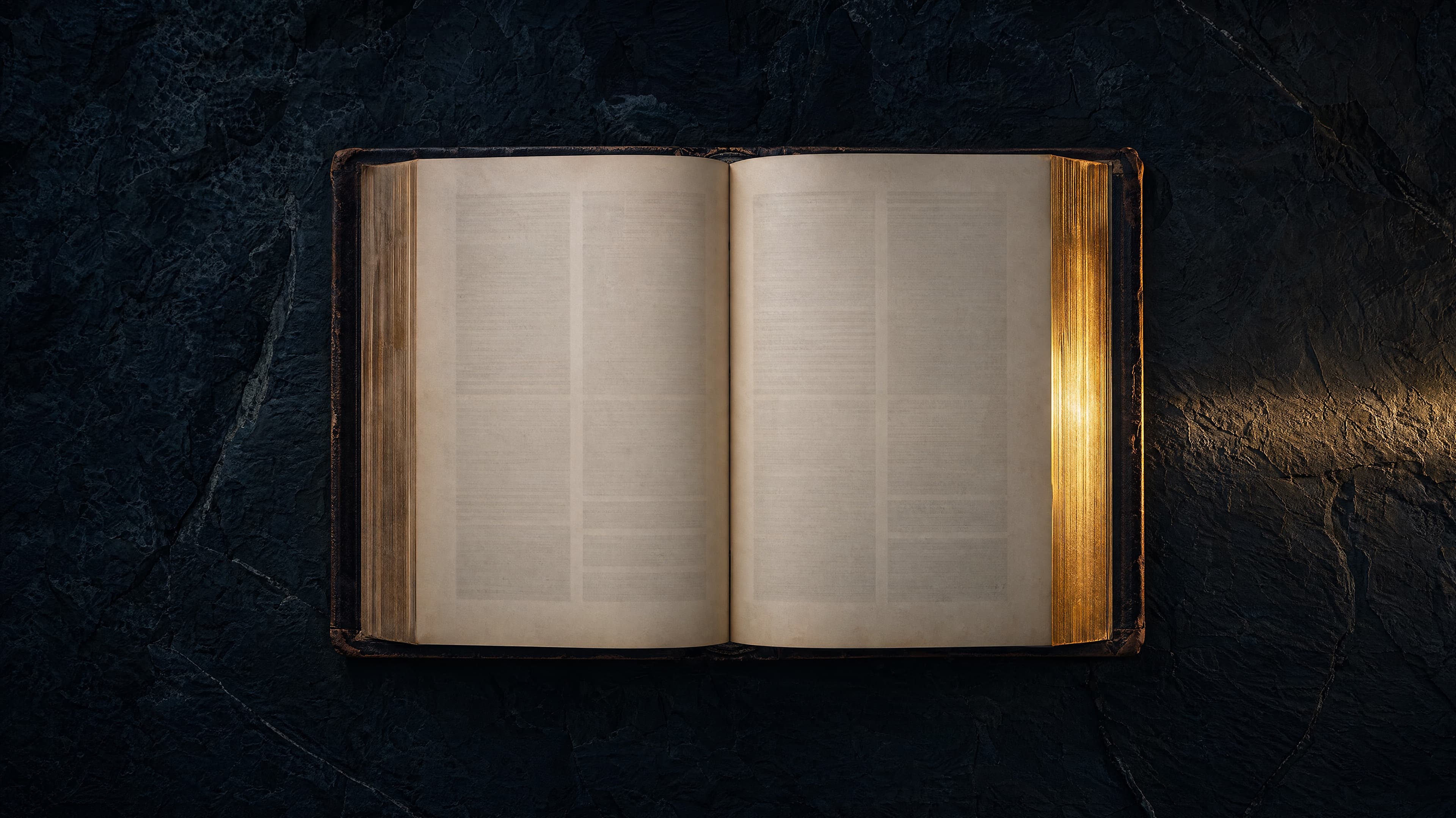 An open antique legal volume photographed overhead on a dark stone surface, gilt edges glowing under a single brass shaft of light.
