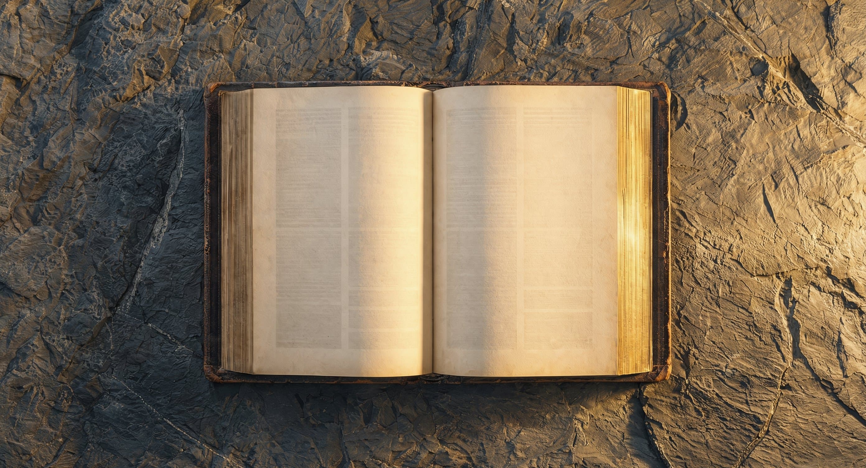 An open antique legal volume photographed overhead on sunlit stone, gilt edges glowing in warm afternoon light.