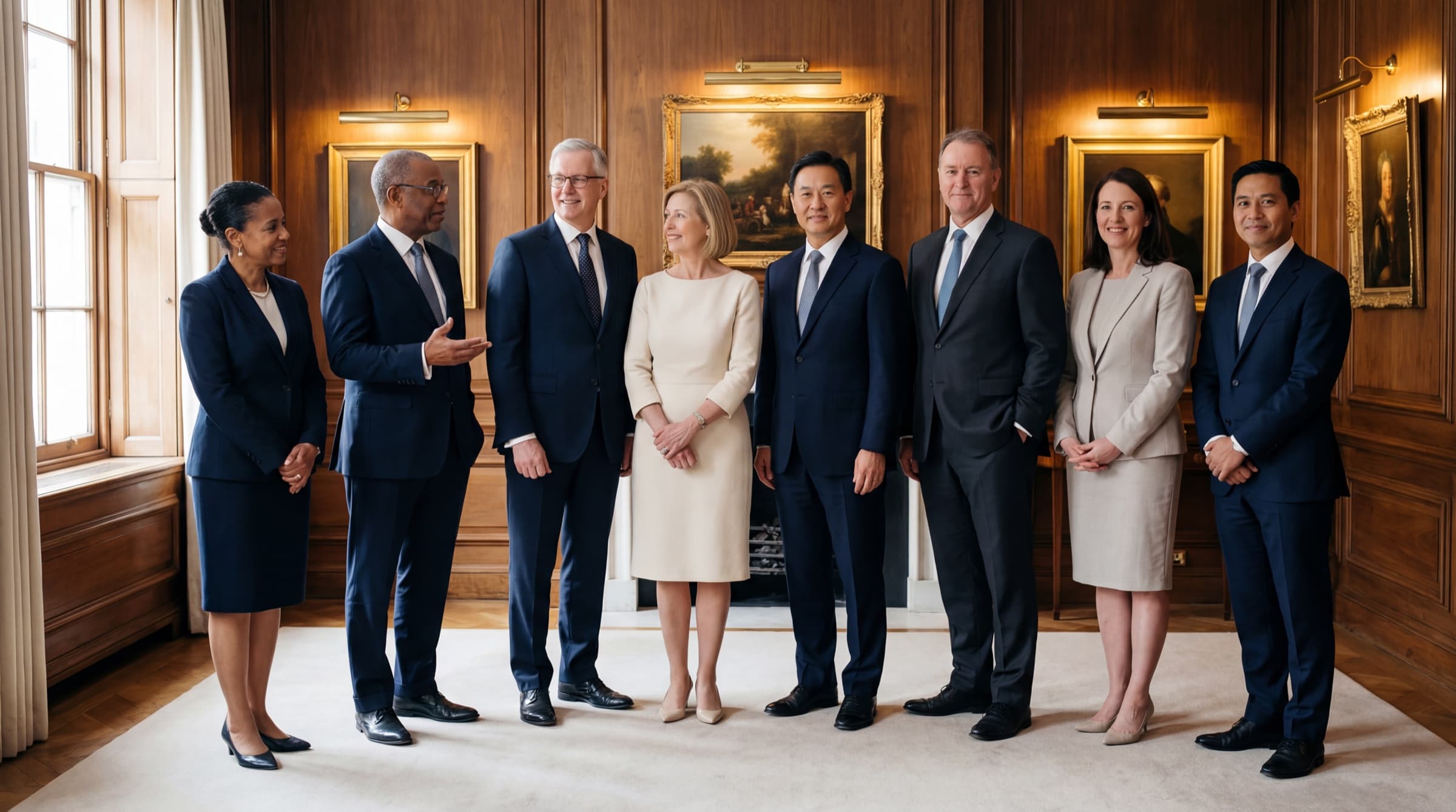 The firm's leadership in the reception room — hover or tap a figure to see who they are.